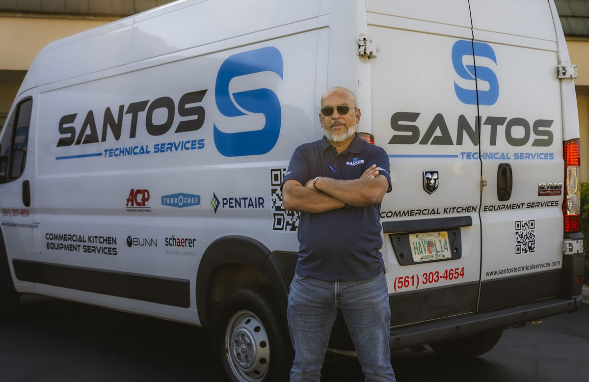 Santos Technical Services van showcasing branding and logos of commercial kitchen equipment brands. Providing fast and reliable maintenance and repair services for refrigeration, ice machines, and coffee equipment in Boca Raton, Florida